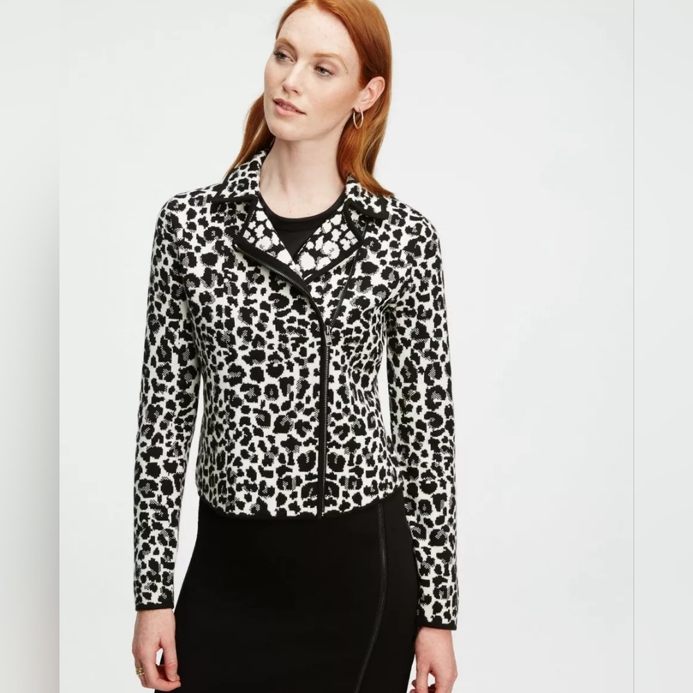 Ann Taylor Leopard Print Knit Moto Jacket Ponte Sz M